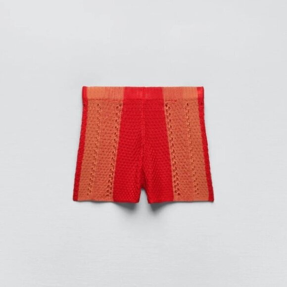 NWOT Zara crochet-like open weave knit-like striped elastic high waist shorts, M - Picture 5 of 12